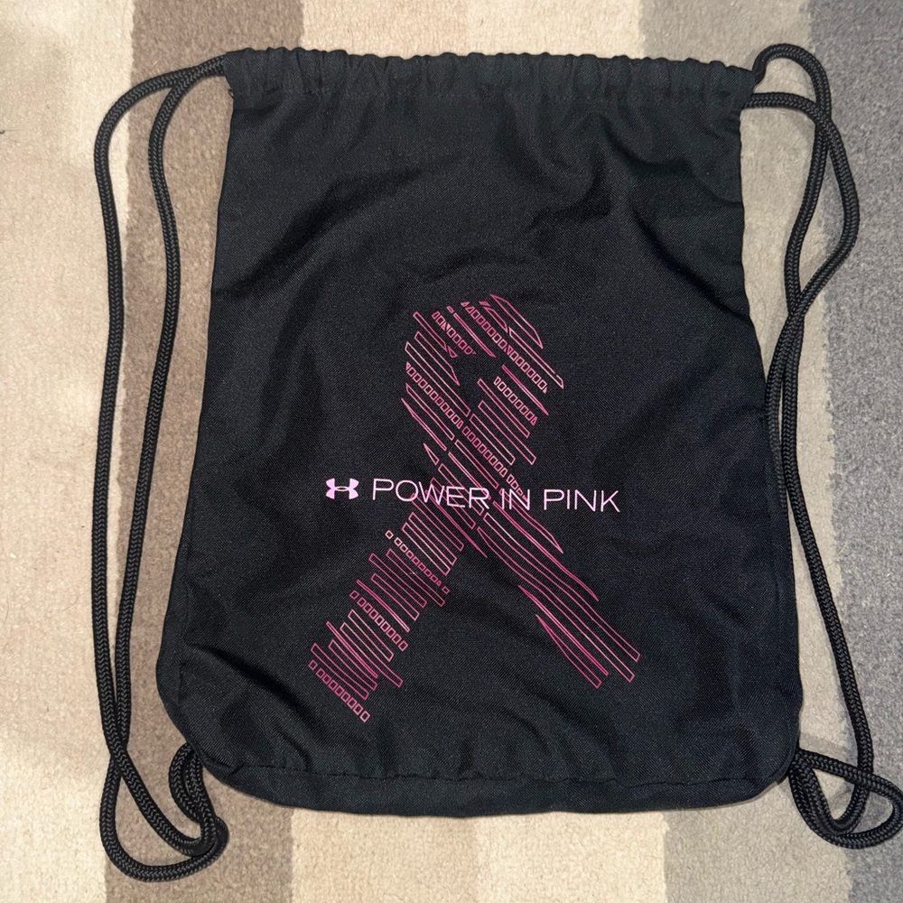 Under Armour Black Drawstring Backpack with Pink Ribbon Graphic